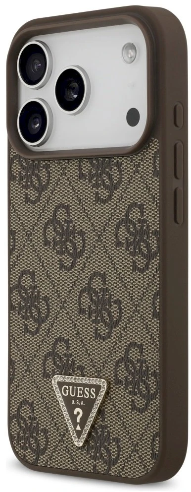 Original dėklas GUESS Leather 4G Triangle Strass MagSafe skirtas Apple iPhone 17 Pro rudos spalvos