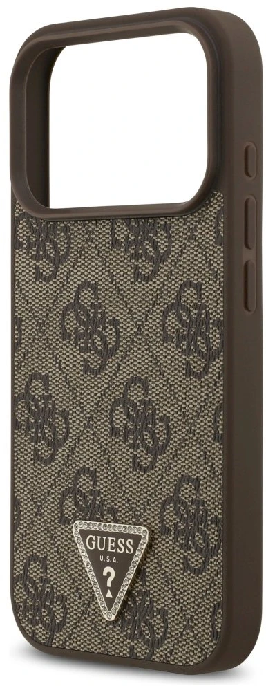 Original dėklas GUESS Leather 4G Triangle Strass MagSafe skirtas Apple iPhone 17 Pro rudos spalvos