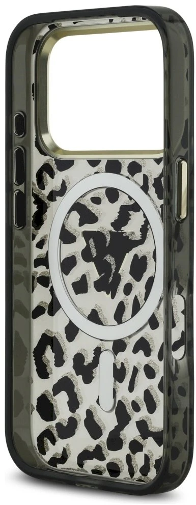 „Guess“ leopardo rašto blizgučių rašto „MagSafe“ dėklas, skirtas „iPhone 17 Pro Max“ – Juodas