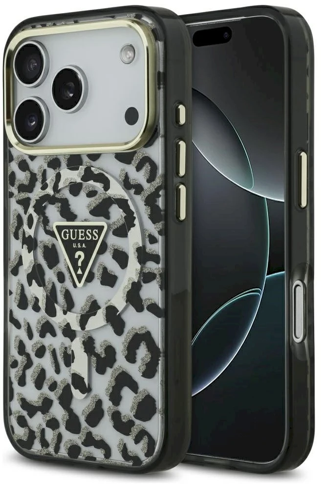 „Guess“ leopardo rašto blizgučių rašto „MagSafe“ dėklas, skirtas „iPhone 17 Pro Max“ – Juodas