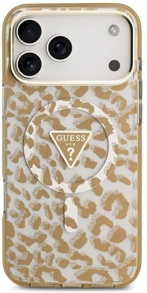 Guess Leopard Glitter MagSafe dėklas iPhone 17 Pro Max rudos spalvos