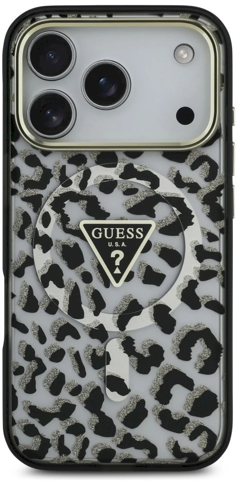 „Guess“ leopardo rašto blizgučių rašto „MagSafe“ dėklas, skirtas „iPhone 17 Pro Max“ – Juodas