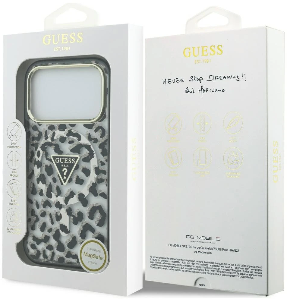 „Guess“ leopardo rašto blizgučių rašto „MagSafe“ dėklas, skirtas „iPhone 17 Pro Max“ – Juodas