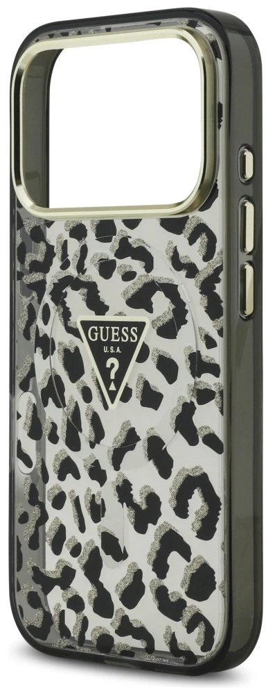 „Guess“ leopardo rašto blizgučių rašto „MagSafe“ dėklas, skirtas „iPhone 17 Pro Max“ – Juodas