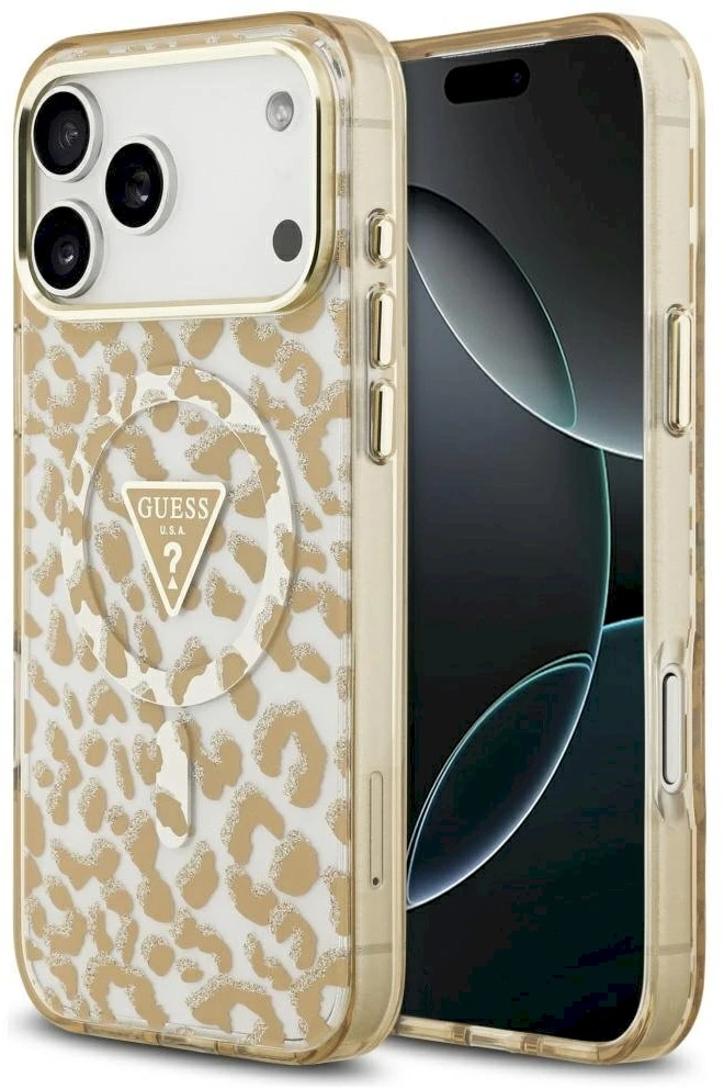 Guess Leopard Glitter MagSafe dėklas iPhone 17 Pro Max rudos spalvos