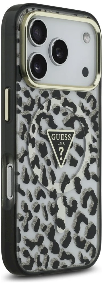 GUESS dėklas, skirtas IPHONE 17 Pro, suderinamas su MagSafe GUHMP17LHLEGTGLK (PC TPU su leopardo rašto blizgučiais), juodas