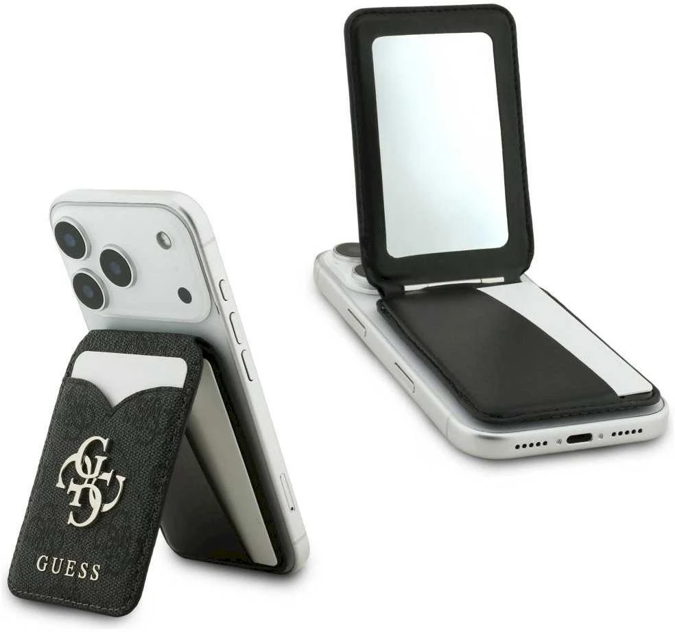 Dėklas „Guess PU 4G Mirror MagSafe“ kortelių lizdo stovas Juodas