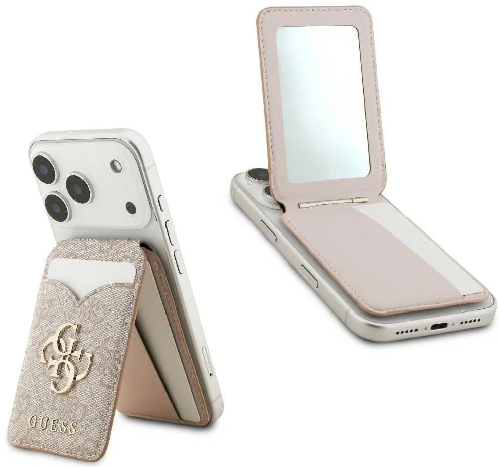 Dėklas Guess PU 4G Mirror MagSafe Cardslot Stand Rožinė