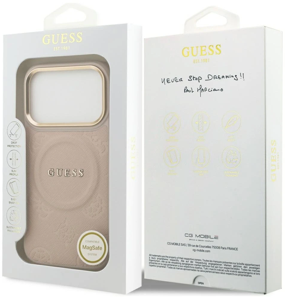 GUESS dėklas, skirtas IPHONE 17 Pro, suderinamas su MagSafe GUHMP17LPSAMSECP (PU su bijūnų karštu antspaudu), rožinis