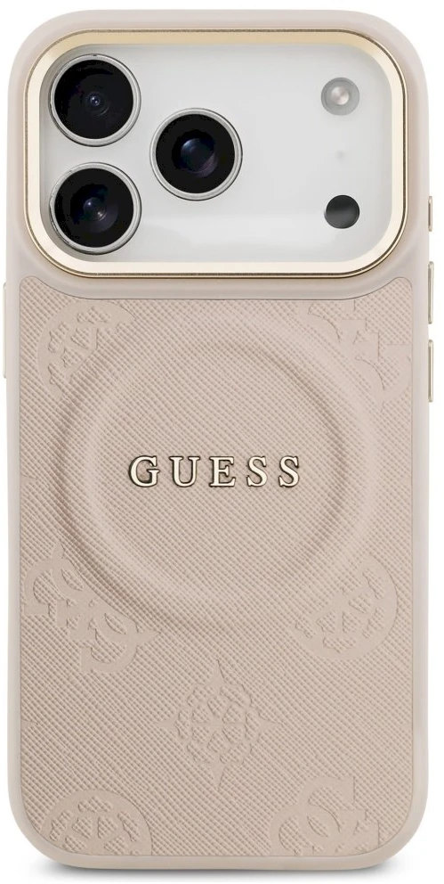 GUESS dėklas, skirtas IPHONE 17 Pro, suderinamas su MagSafe GUHMP17LPSAMSECP (PU su bijūnų karštu antspaudu), rožinis