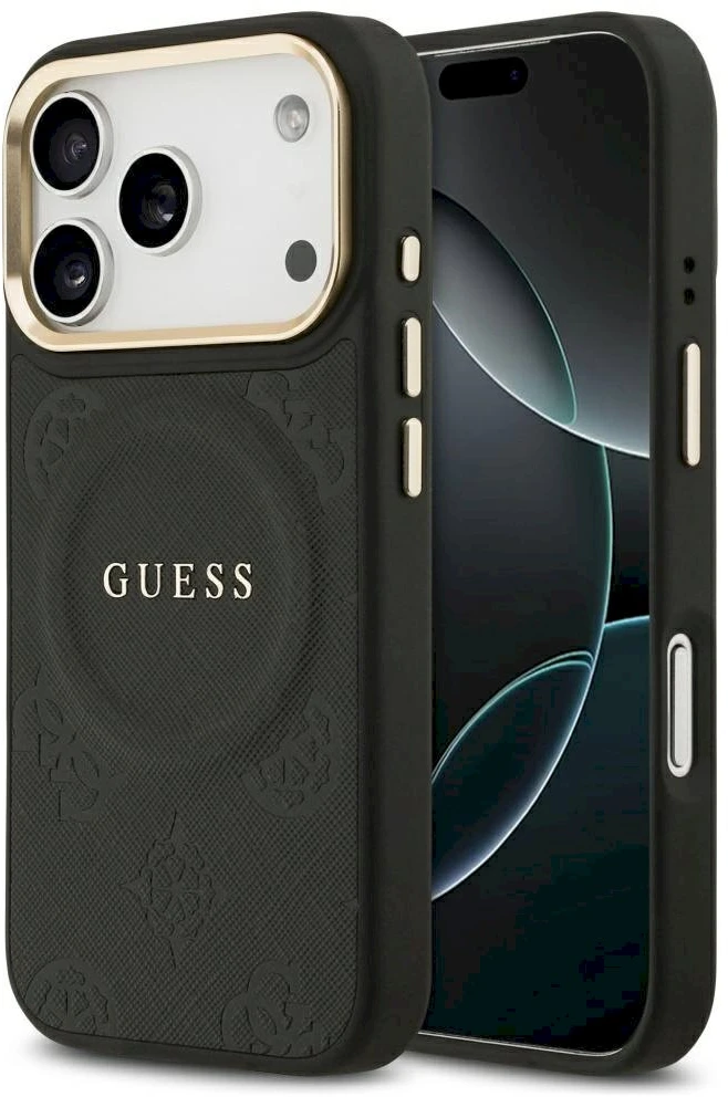 GUESS dėklas, skirtas IPHONE 17 Pro, suderinamas su MagSafe GUHMP17LPSAMSECK (PU W/ Peony Hot Stamp) juodas