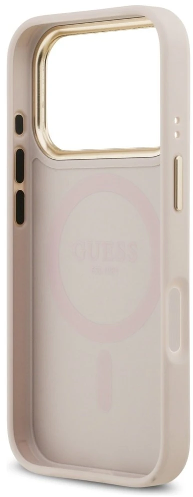 GUESS dėklas, skirtas IPHONE 17 Pro, suderinamas su MagSafe GUHMP17LPSAMSECP (PU su bijūnų karštu antspaudu), rožinis