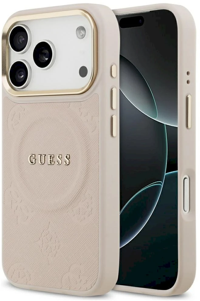 GUESS dėklas, skirtas IPHONE 17 Pro, suderinamas su MagSafe GUHMP17LPSAMSECP (PU su bijūnų karštu antspaudu), rožinis