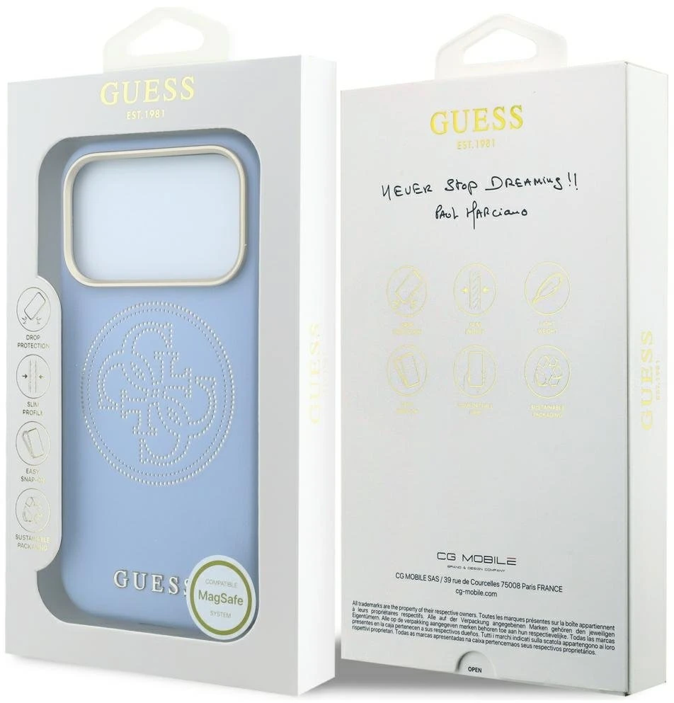 Dėklas Guess Perforated 4G Gold Logo Magsafe Case for iPhone 18 Pro / 17 Pro - Light Mėlyna