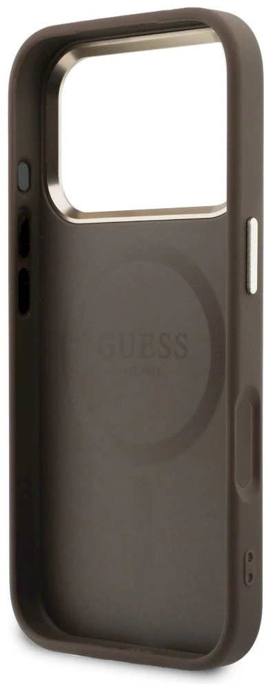 Guess Perforated 4G MagSafe dėklas iPhone 17 Pro Max, rudas