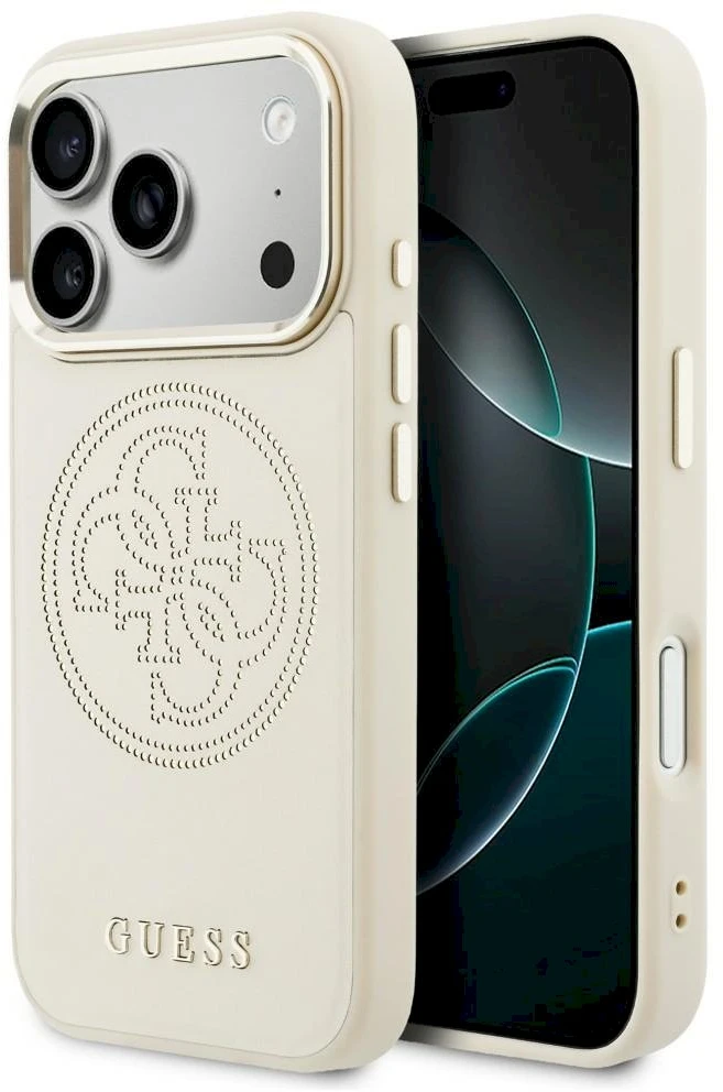 „Guess“ perforuotas 4G „MagSafe“ dėklas, skirtas „iPhone 17 Pro“ – rusvai geltonas