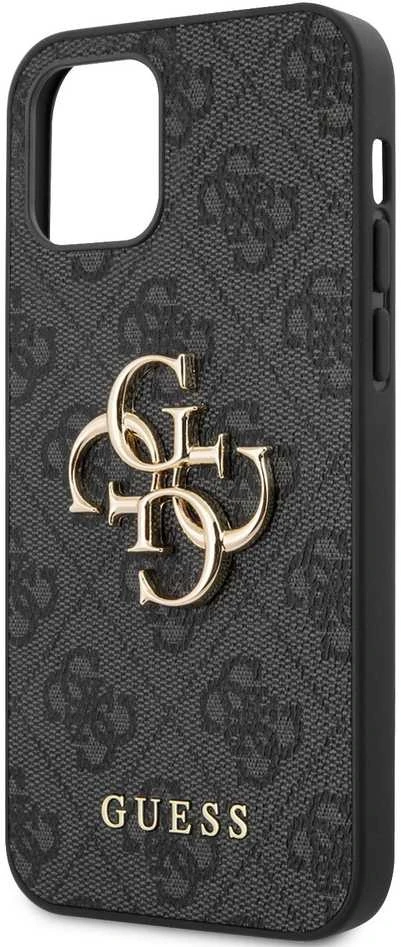 Guess Apple iPhone 12/12 PU 4G metalinis dėklas su logotipu, pilkas