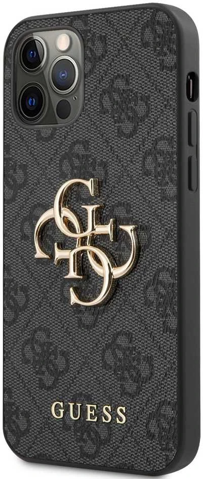 Guess Apple iPhone 12/12 PU 4G metalinis dėklas su logotipu, pilkas