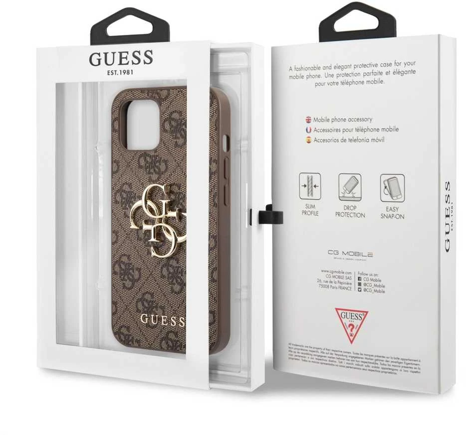 Guess PU 4G metalinis logotipo dėklas, skirtas iPhone 13 Brown