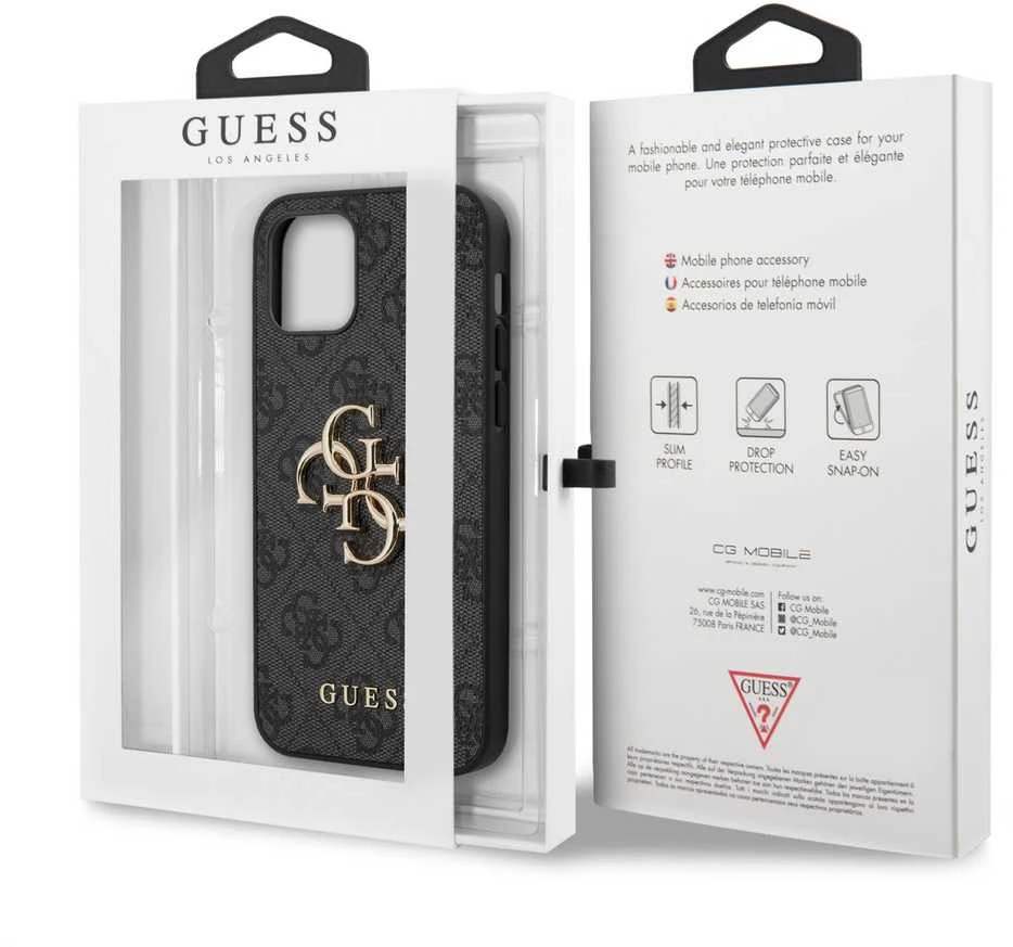 Guess Apple iPhone 12/12 PU 4G metalinis dėklas su logotipu, pilkas