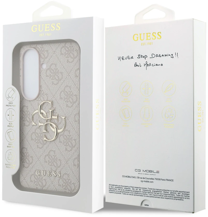 Guess PU 4G Metal Logo dėklas skirtas Samsung Galaxy S26+ rožinės spalvos