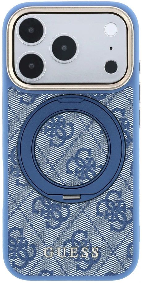 Guess PU 4G Ring Stand MagSafe dėklas, skirtas iPhone 18 Pro, mėlynas