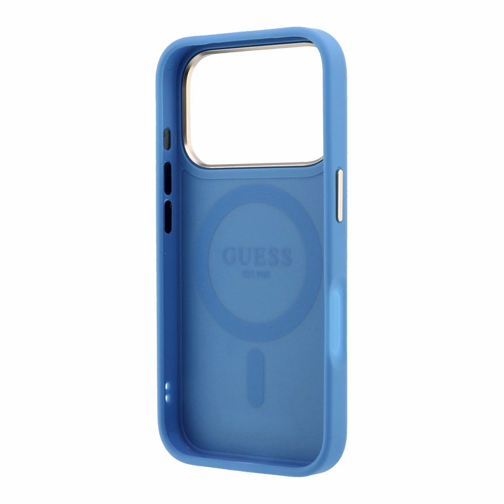 Guess PU 4G Ring Stand MagSafe dėklas skirtas iPhone 18 Pro Max Mėlyna