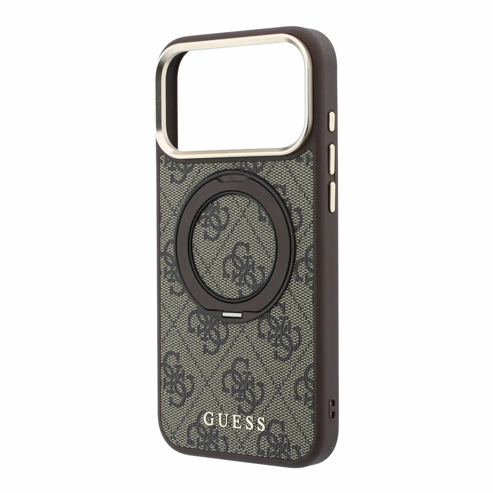 Guess PU 4G Ring Stand MagSafe dėklas skirtas iPhone 18 Pro Max rudos spalvos