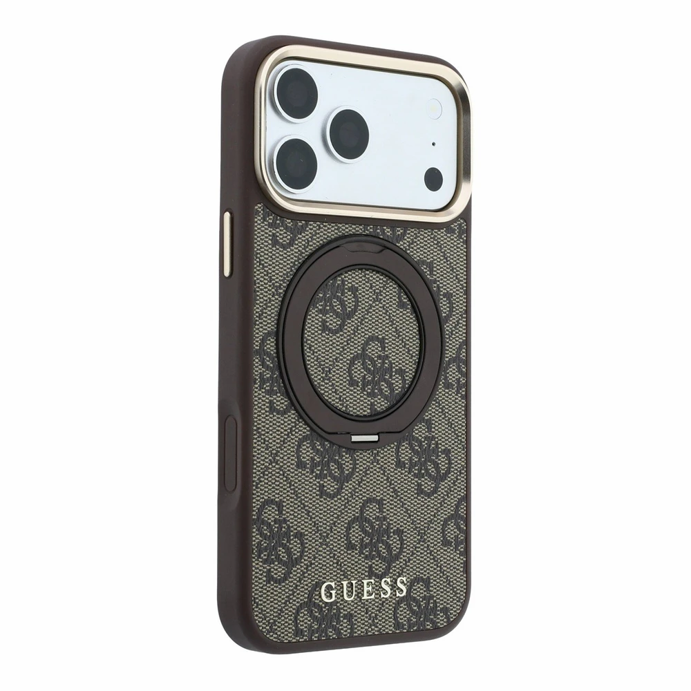 Guess PU 4G Ring Stand MagSafe dėklas skirtas iPhone 18 Pro Max rudos spalvos