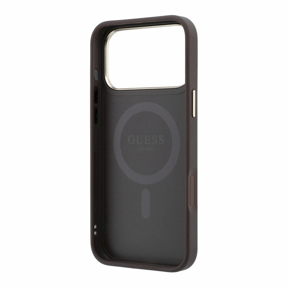 Guess PU 4G Ring Stand MagSafe dėklas skirtas iPhone 18 Pro Max rudos spalvos
