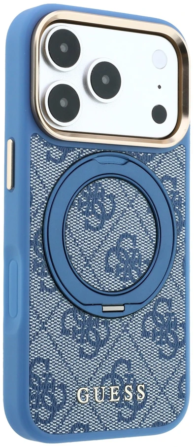 Guess PU 4G Ring Stand MagSafe dėklas, skirtas iPhone 18 Pro, mėlynas