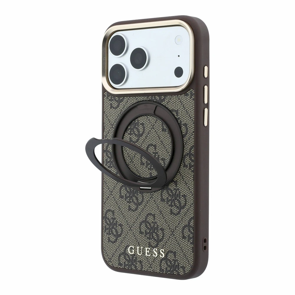 Guess PU 4G Ring Stand MagSafe dėklas skirtas iPhone 18 Pro Max rudos spalvos
