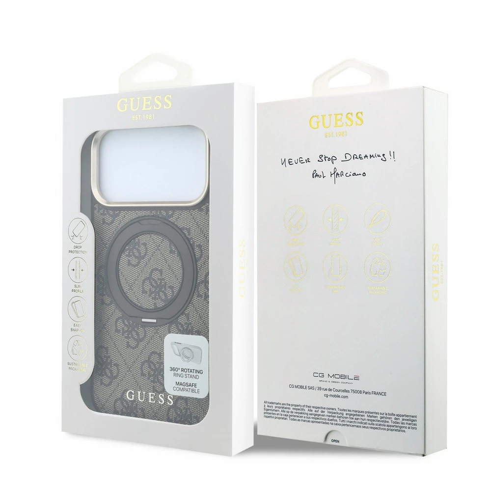 Guess PU 4G Ring Stand MagSafe dėklas skirtas iPhone 18 Pro Max rudos spalvos