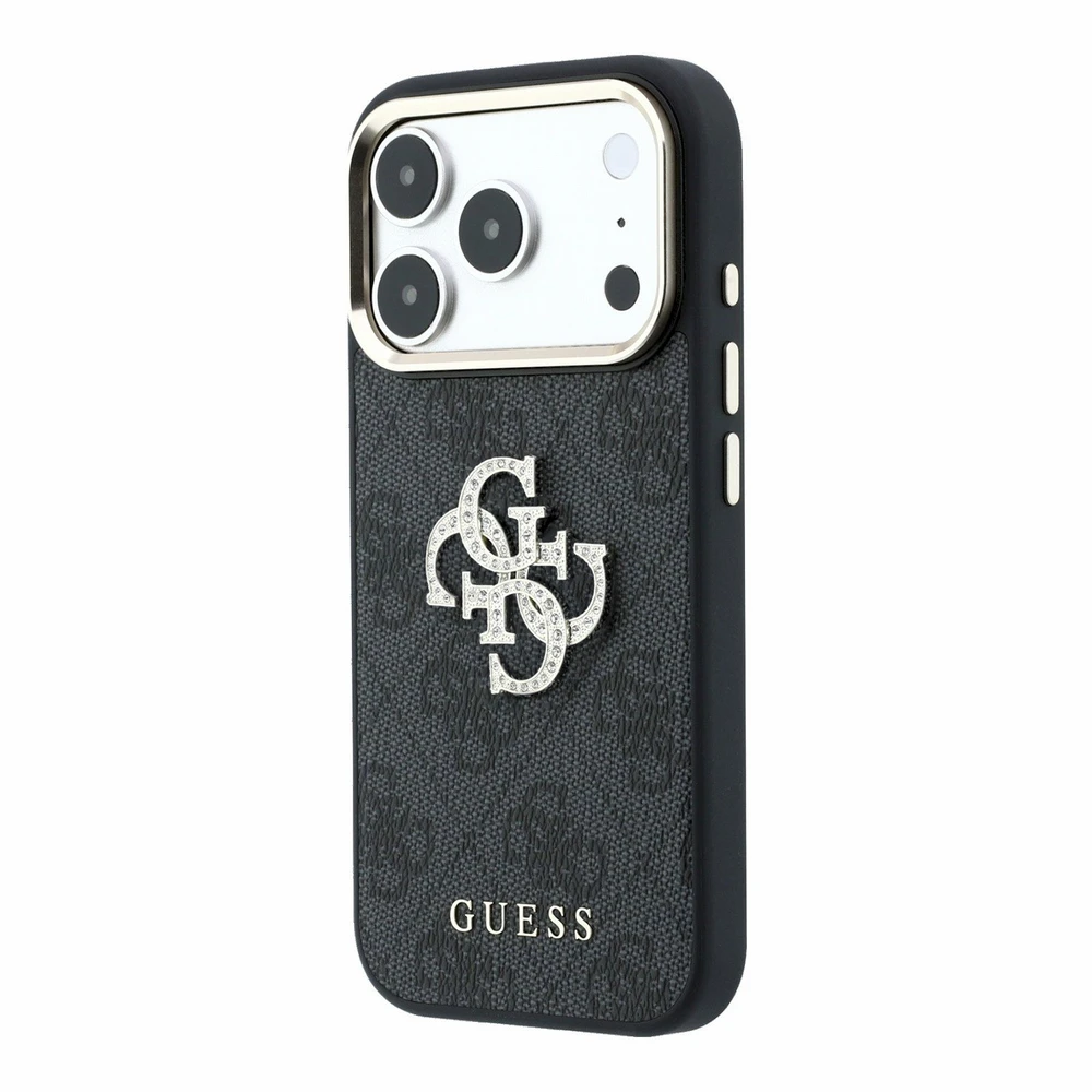 Guess PU 4G Strass Metal Logo dėklas skirtas iPhone 18 Pro juodos spalvos
