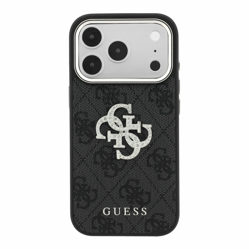 Guess PU 4G Strass Metal Logo dėklas skirtas iPhone 18 Pro juodos spalvos