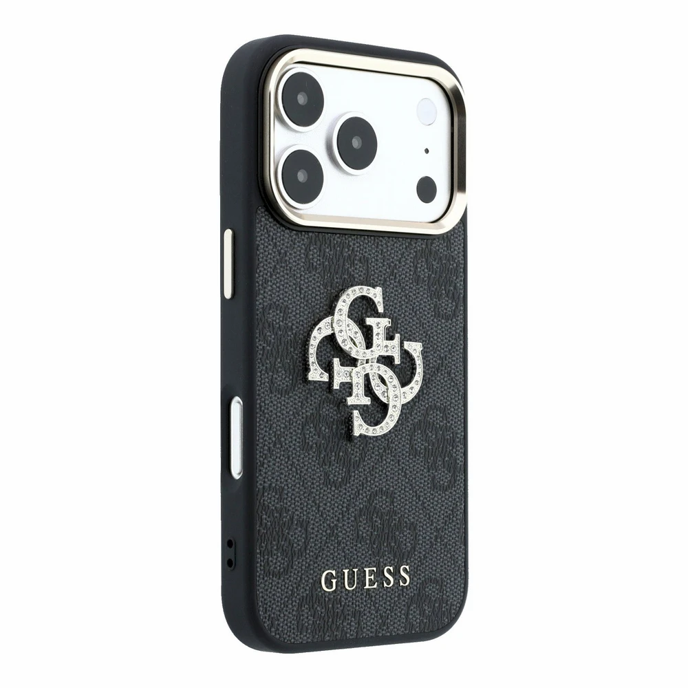Guess PU 4G Strass Metal Logo dėklas skirtas iPhone 18 Pro juodos spalvos