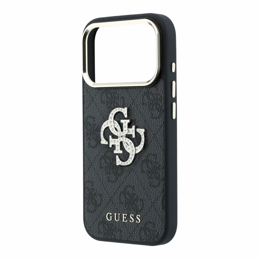 Guess PU 4G Strass Metal Logo dėklas skirtas iPhone 18 Pro juodos spalvos