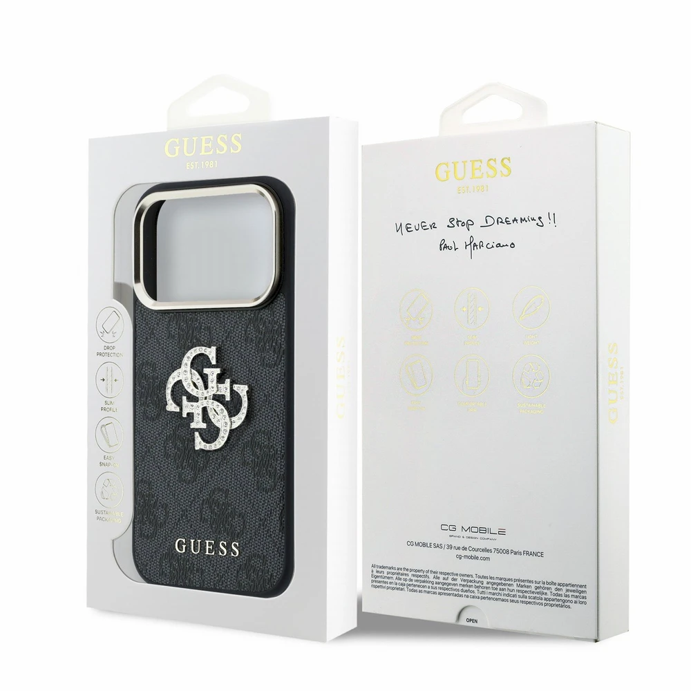 Guess PU 4G Strass Metal Logo dėklas skirtas iPhone 18 Pro juodos spalvos
