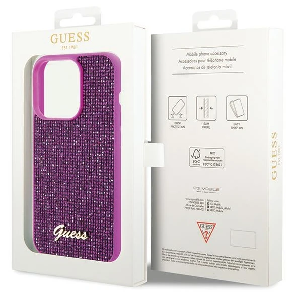 GUESS GUHCP15SPMSDGSF IPHONE 15/14/13 6.1" FUKSJA / FUKSIJOS spalvos kietas dėklas DISCO METAL SCRIPT