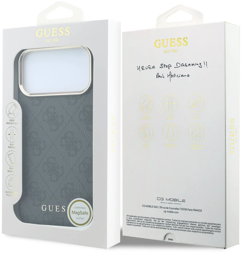 Guess PU odos 4G Gold Frame MagSafe dėklas iPhone 18 Pro juodos spalvos