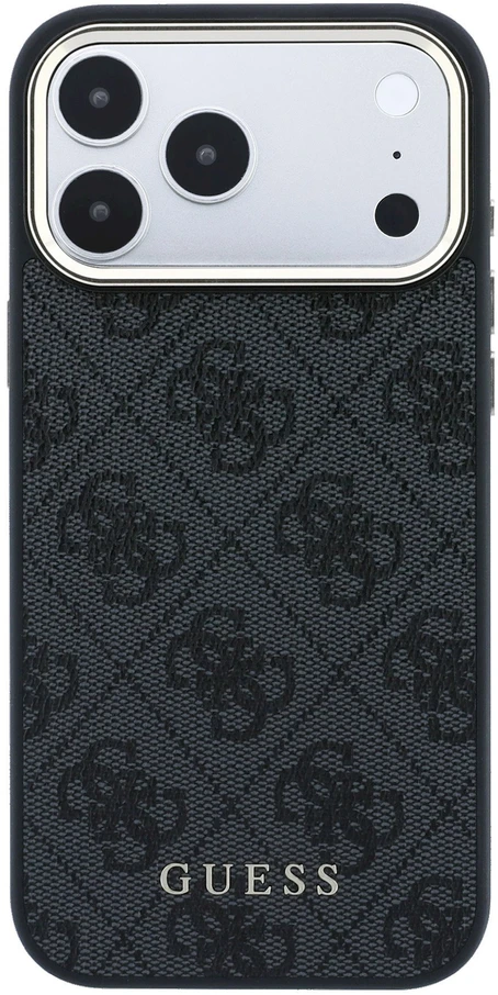 Guess PU odos 4G Gold Frame MagSafe dėklas iPhone 18 Pro juodos spalvos