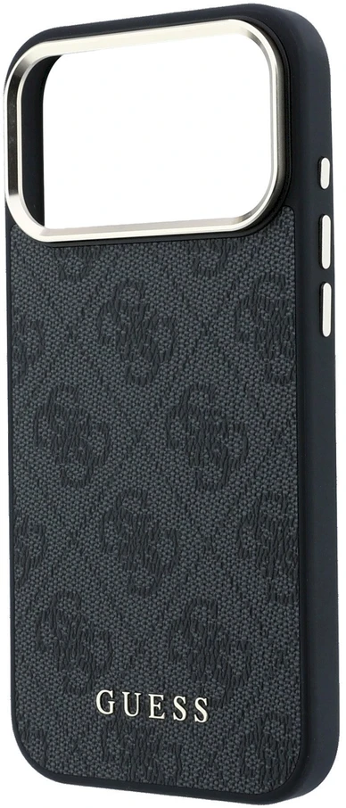 Guess PU odos 4G Gold Frame MagSafe dėklas iPhone 18 Pro juodos spalvos