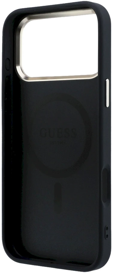 Guess PU odos 4G Gold Frame MagSafe dėklas iPhone 18 Pro juodos spalvos
