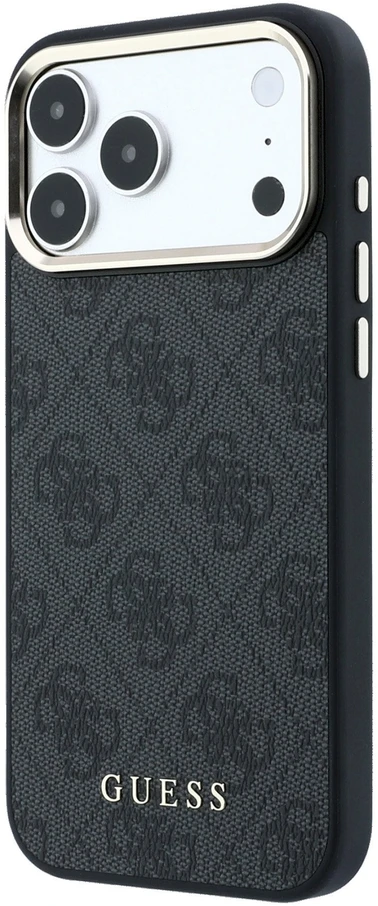 Guess PU odos 4G Gold Frame MagSafe dėklas iPhone 18 Pro juodos spalvos