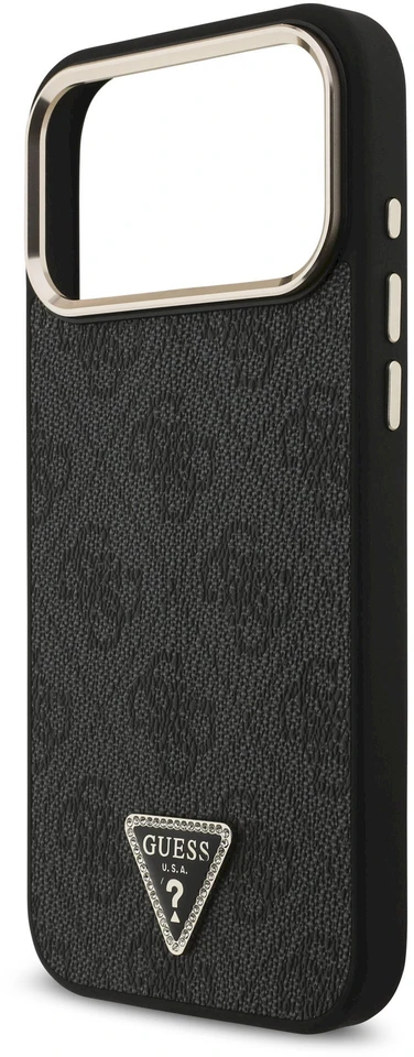 Guess PU odos 4G Strass trikampio logotipo auksinio rėmelio MagSafe dėklas iPhone 18 Pro Max juodos spalvos