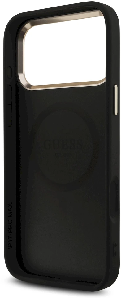 Guess PU odos 4G Strass trikampio logotipo auksinio rėmelio MagSafe dėklas iPhone 18 Pro Max juodos spalvos