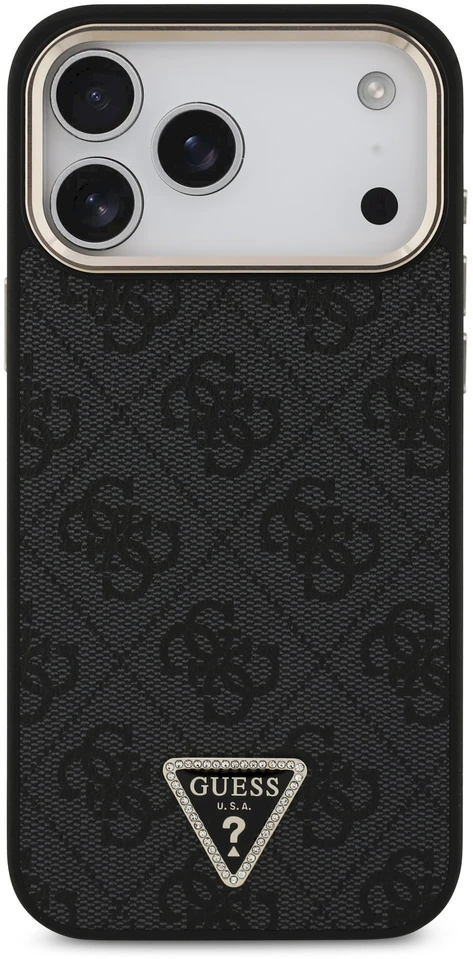 Guess PU odos 4G Strass trikampio logotipo auksinio rėmelio MagSafe dėklas iPhone 18 Pro Max juodos spalvos