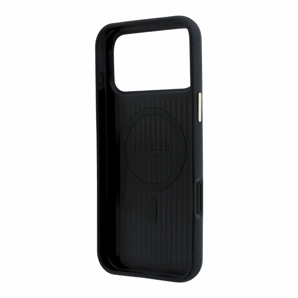 Dėklas Guess Perforated 4G Gold Logo Magsafe Case, skirtas iPhone 17 Pro / 18 Pro – juodos spalvos