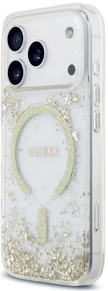 Dėklas Guess Resin Bottom Glitter MagSafe Case, skirta iPhone 18 Pro / 17 Pro - auksinė