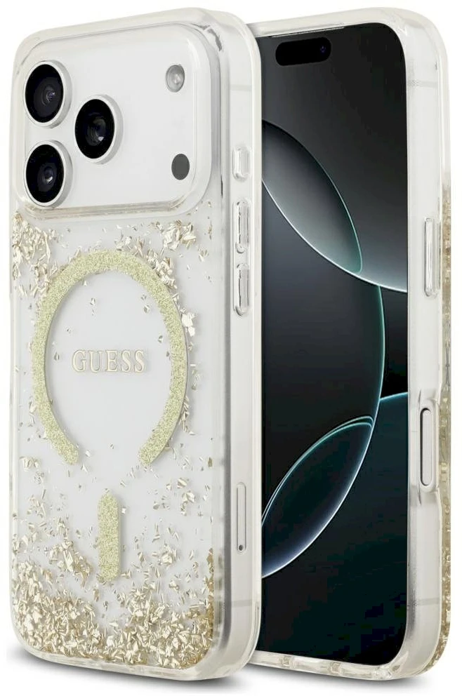 Guess Resin Bottom Glitter MagSafe dėklas Apple iPhone 17 Pro aukso spalvos